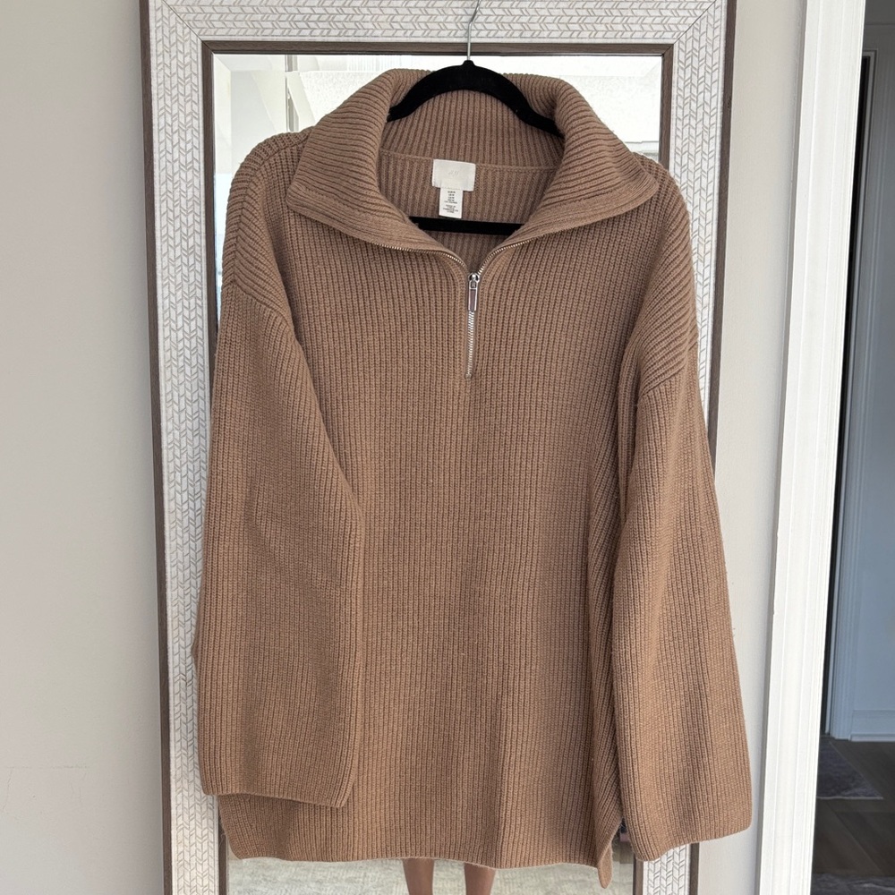 H&M Ribbed Half-Zip Turtleneck Sweater - Camel